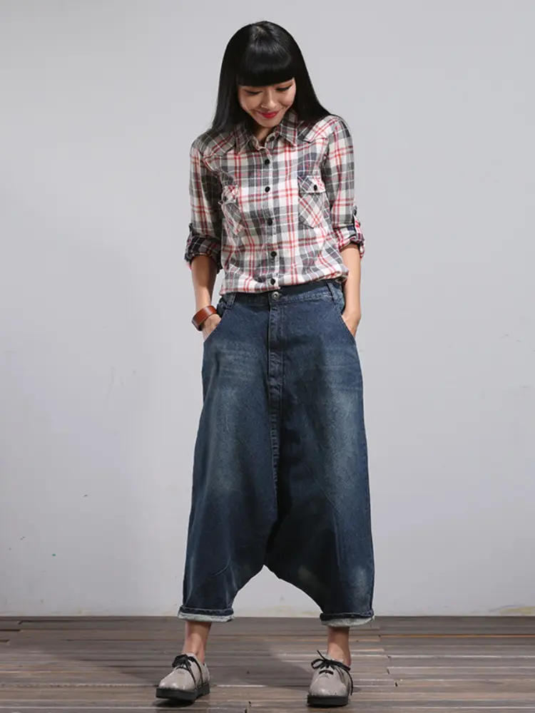 Harem Denim Pants Women Vintage Jeans Spliced Pockets Streetwear Loose Jean Washed Zipper Fly Distressed Ankle Length 2024
