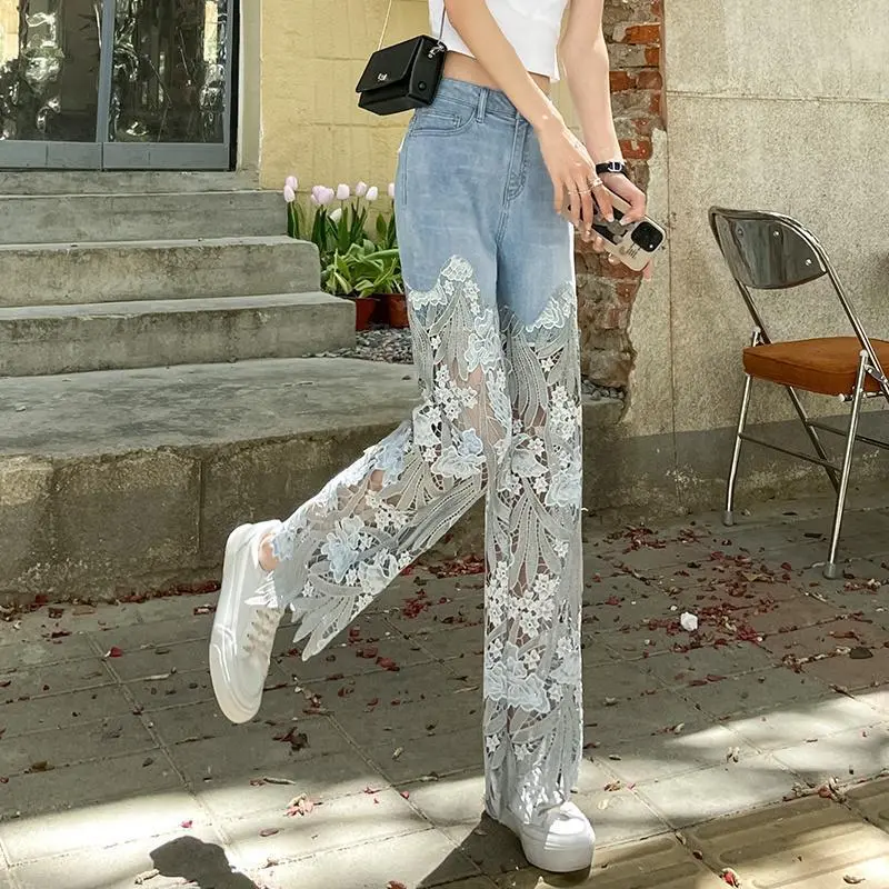Denim Pant Women Jeans Hollow Out Floral Long Pants Slim Lace High Waist Straight Trousers Y2k Streetwear Splice Mom Party Club