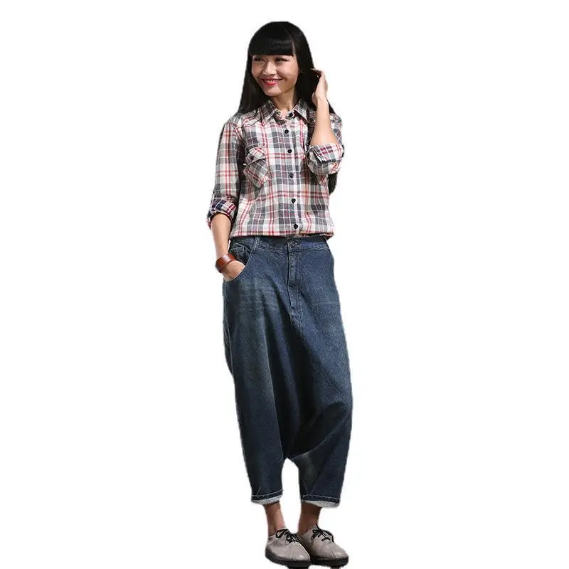 Harem Denim Pants Women Vintage Jeans Spliced Pockets Streetwear Loose Jean Washed Zipper Fly Distressed Ankle Length 2024
