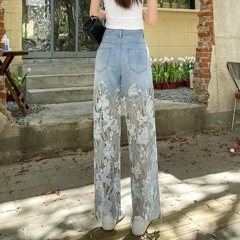 Denim Pant Women Jeans Hollow Out Floral Long Pants Slim Lace High Waist Straight Trousers Y2k Streetwear Splice Mom Party Club
