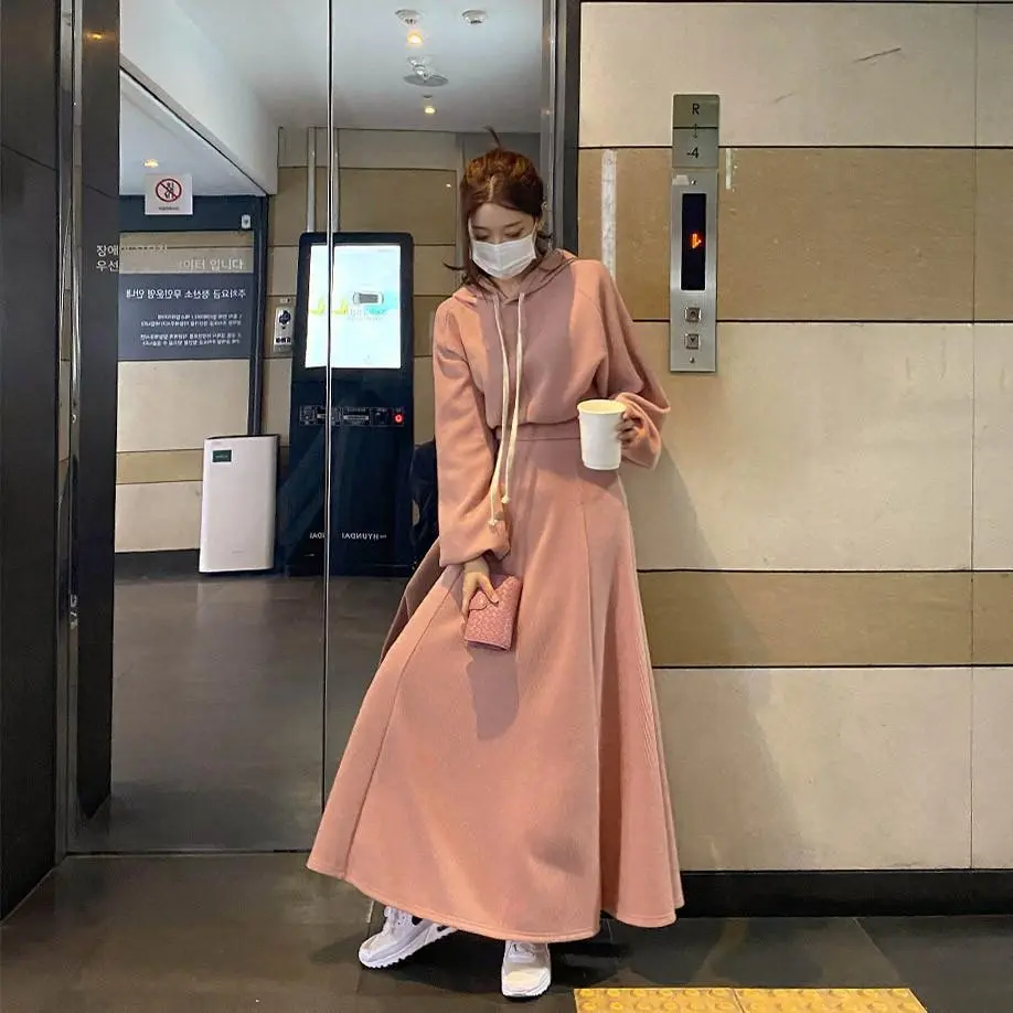 Women Dress Sets Two Pieces Set Hooded Sweatshirts Dress Sports Casual Skirts Slim Pullover Winter Ankle Length Draw String
