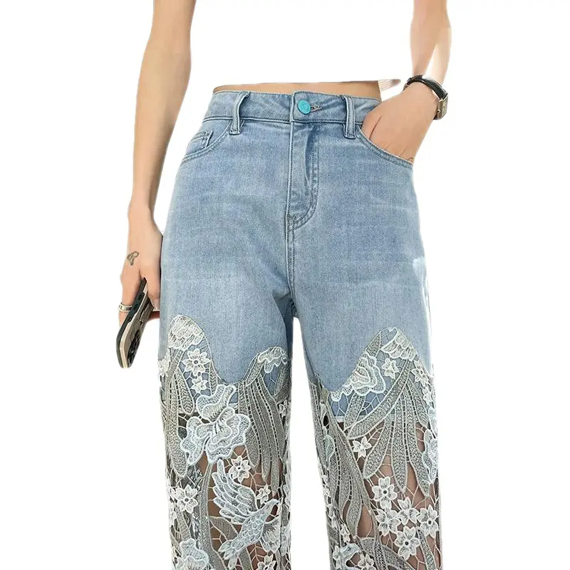 Denim Pant Women Jeans Hollow Out Floral Long Pants Slim Lace High Waist Straight Trousers Y2k Streetwear Splice Mom Party Club