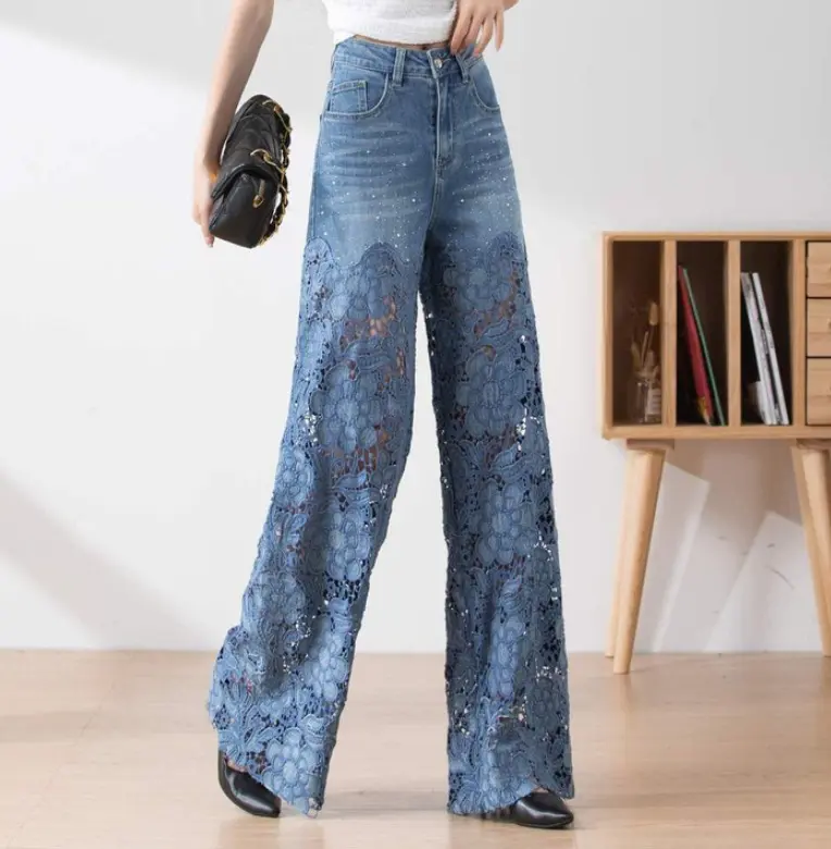 Denim Pant Women Jeans Hollow Out Floral Long Pants Slim Lace High Waist Straight Trousers Y2k Streetwear Splice Mom Party Club