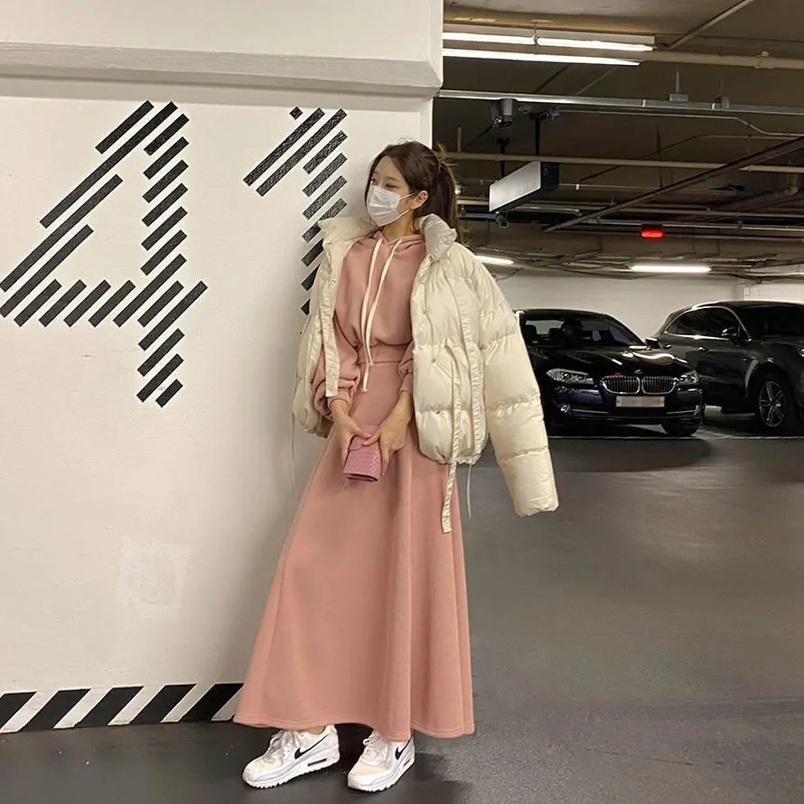 Women Dress Sets Two Pieces Set Hooded Sweatshirts Dress Sports Casual Skirts Slim Pullover Winter Ankle Length Draw String