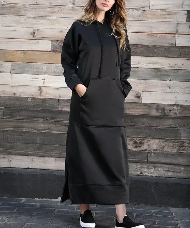 Women Dresses Autumn Winter hoodies Hooded Big Pocket Sweaters Dress Long Sleeved Casual Loose Elegant Office Lady Vestidos