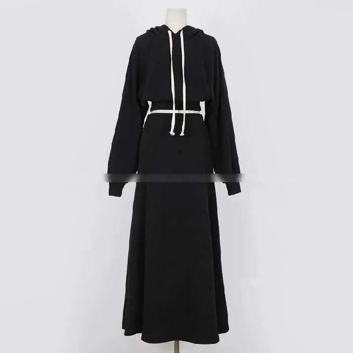 Women Dress Sets Two Pieces Set Hooded Sweatshirts Dress Sports Casual Skirts Slim Pullover Winter Ankle Length Draw String