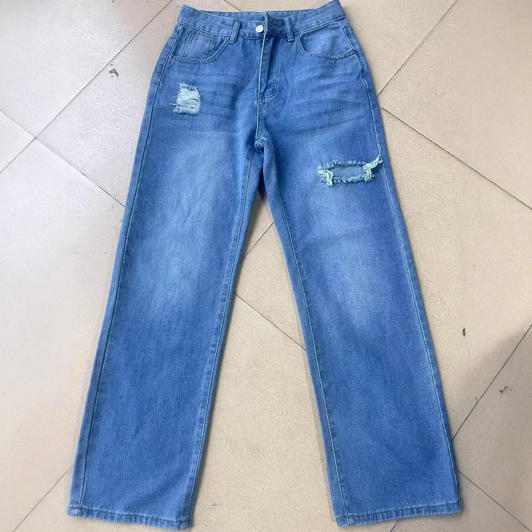 Mom Jeans Women Denim Pant Wide Leg Long Pants Hole High Waist Straight Trousers Y2k Streetwear Work Splice Casual 2025 Punk