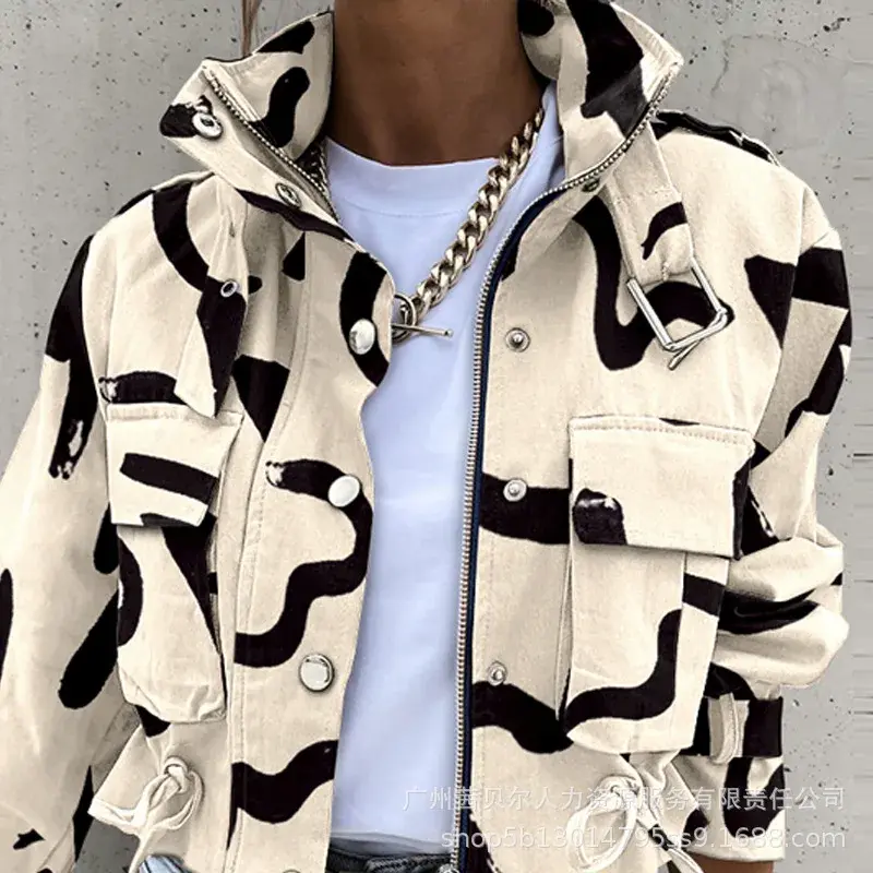 2023 Autumn Women Geometric Jackets Tops Vintage Print Long Sleeve Button Jacket Coat Ladies Leisure Outerwear Short Tops