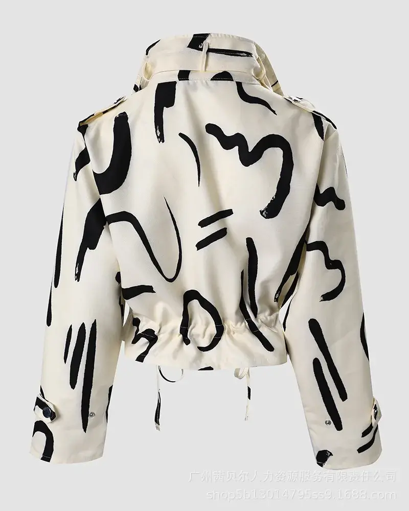 2023 Autumn Women Geometric Jackets Tops Vintage Print Long Sleeve Button Jacket Coat Ladies Leisure Outerwear Short Tops