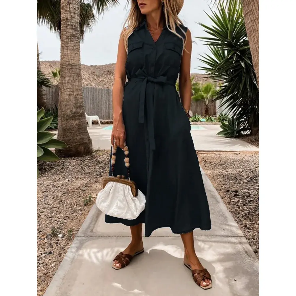Women Denim Dresses Single Breasted Button Solid Color Dress Turn Down Collar Belt Sleeveless Pockets High Street Slim Fit