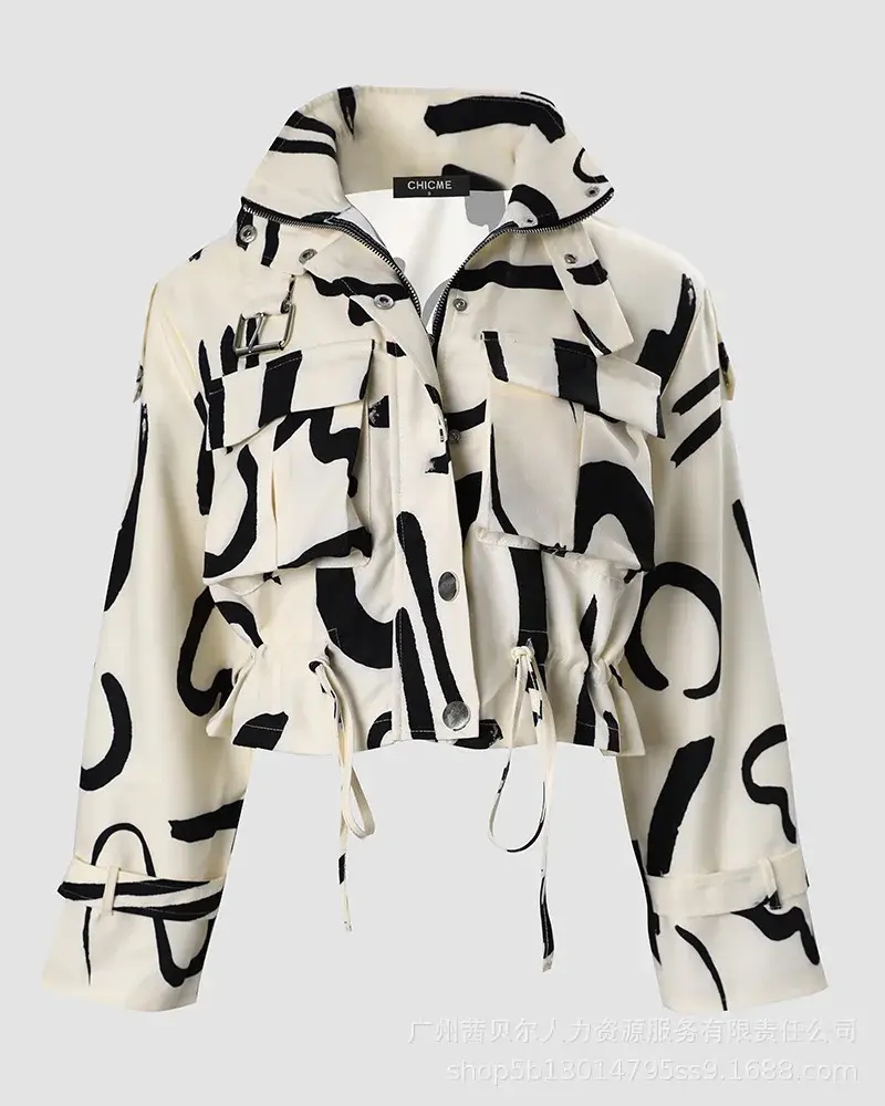 2023 Autumn Women Geometric Jackets Tops Vintage Print Long Sleeve Button Jacket Coat Ladies Leisure Outerwear Short Tops