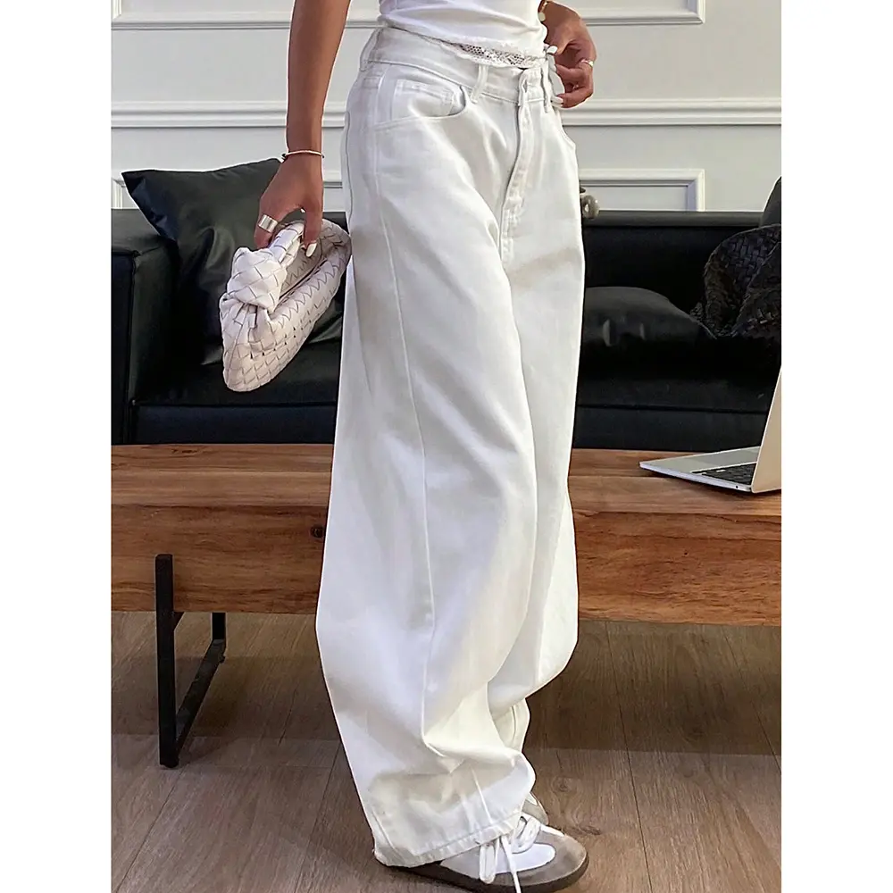 Jeans Women Wide Leg Pants Denim Mom Loose Trousers Streetwear High Waist Distressed Washed Pockets 2025 Basis Floor Length