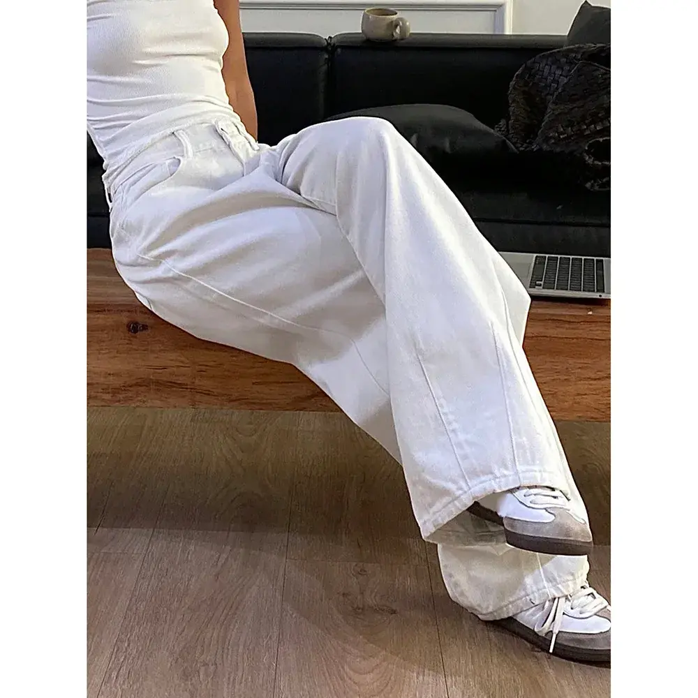 Jeans Women Wide Leg Pants Denim Mom Loose Trousers Streetwear High Waist Distressed Washed Pockets 2025 Basis Floor Length
