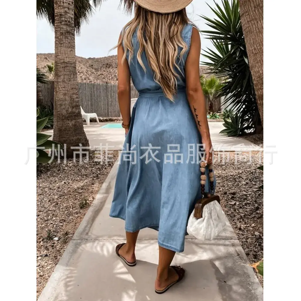 Women Denim Dresses Single Breasted Button Solid Color Dress Turn Down Collar Belt Sleeveless Pockets High Street Slim Fit