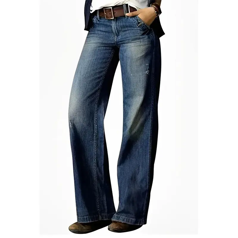 Women Jeans Wide Leg Pants Ankle Length Washing Denim Distressed Pockets High Waist Casual Loose Solid Spliced Summer 2024