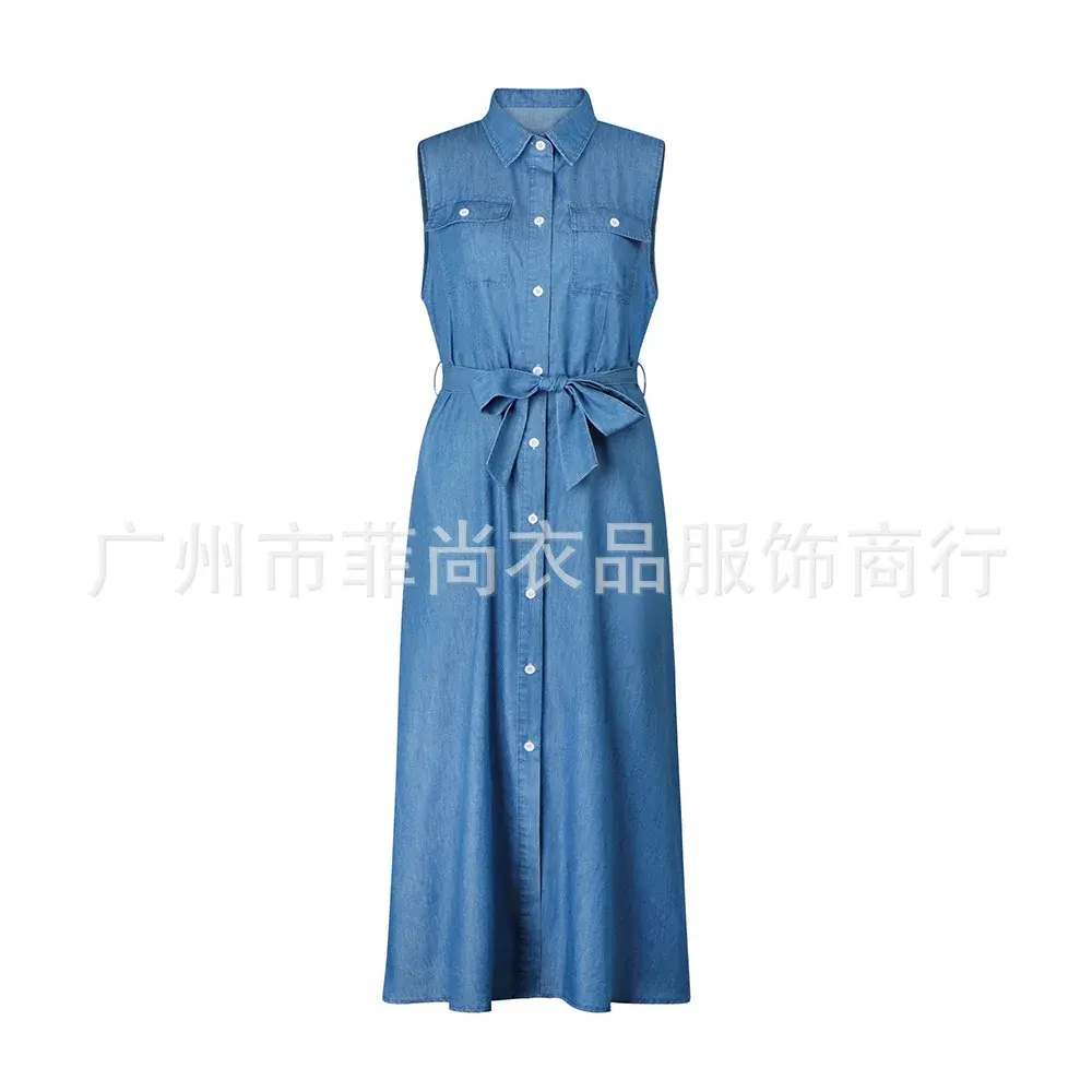 Women Denim Dresses Single Breasted Button Solid Color Dress Turn Down Collar Belt Sleeveless Pockets High Street Slim Fit