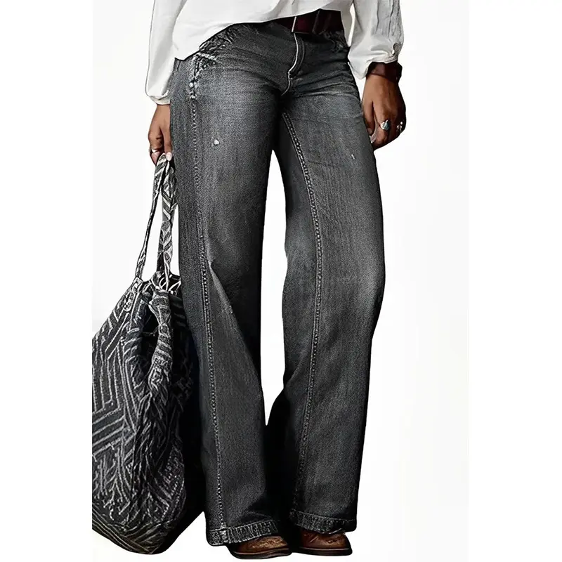 Women Jeans Wide Leg Pants Ankle Length Washing Denim Distressed Pockets High Waist Casual Loose Solid Spliced Summer 2024