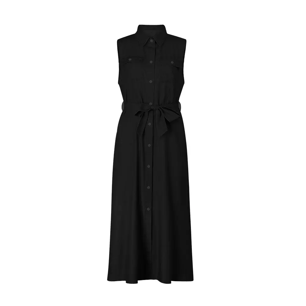 Women Denim Dresses Single Breasted Button Solid Color Dress Turn Down Collar Belt Sleeveless Pockets High Street Slim Fit