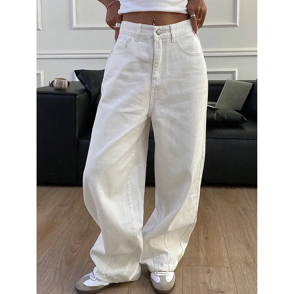 Jeans Women Wide Leg Pants Denim Mom Loose Trousers Streetwear High Waist Distressed Washed Pockets 2025 Basis Floor Length