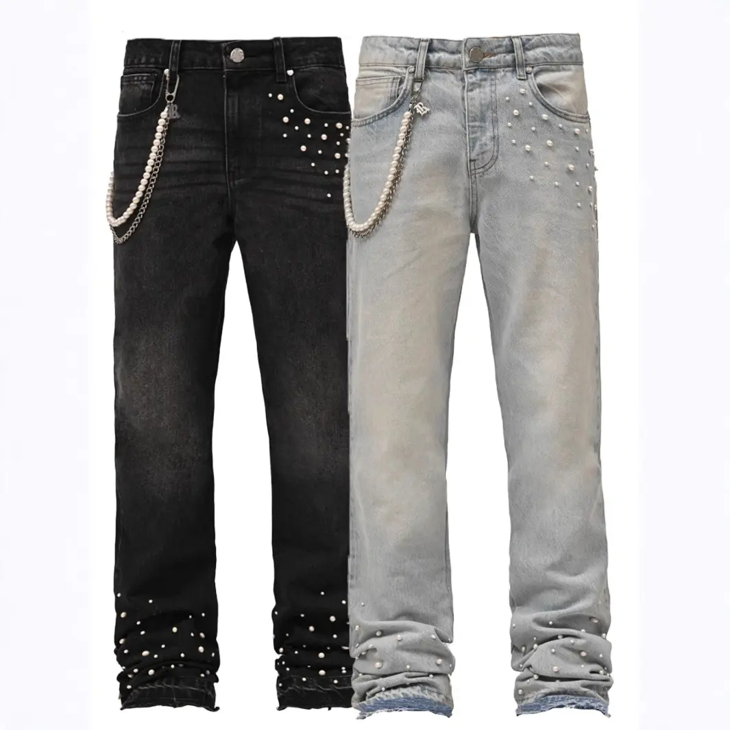 Denim Pearl Straight Jeans Men Pant Distressed Vintage Ankle Length Trousers Mid Waist Pockets Punk Zipper Fly Streetwear Washed