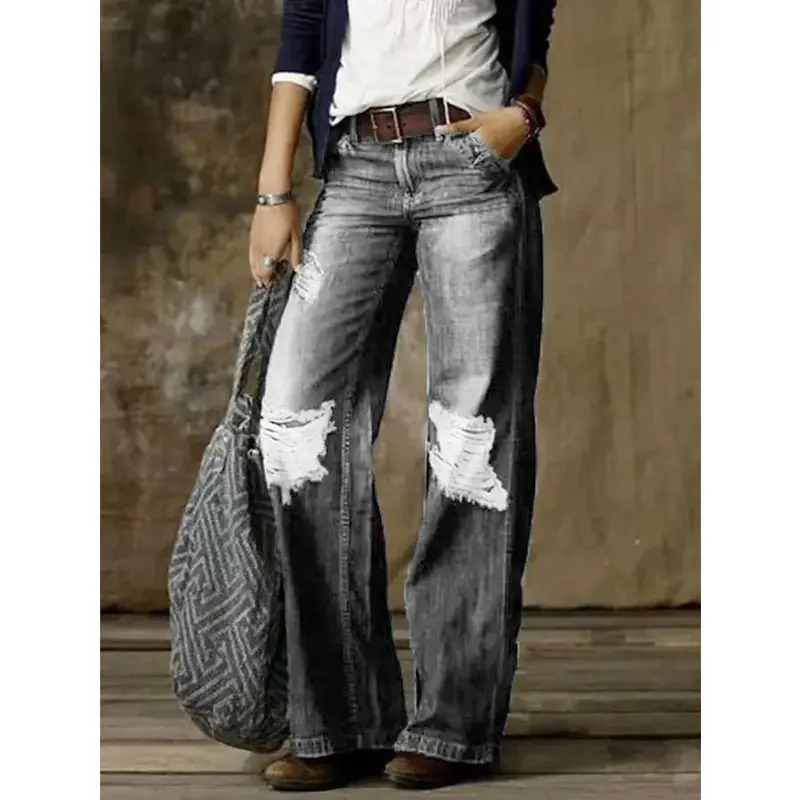 Women Jeans Wide Leg Pants Ankle Length Washing Denim Distressed Pockets High Waist Casual Loose Solid Spliced Summer 2024