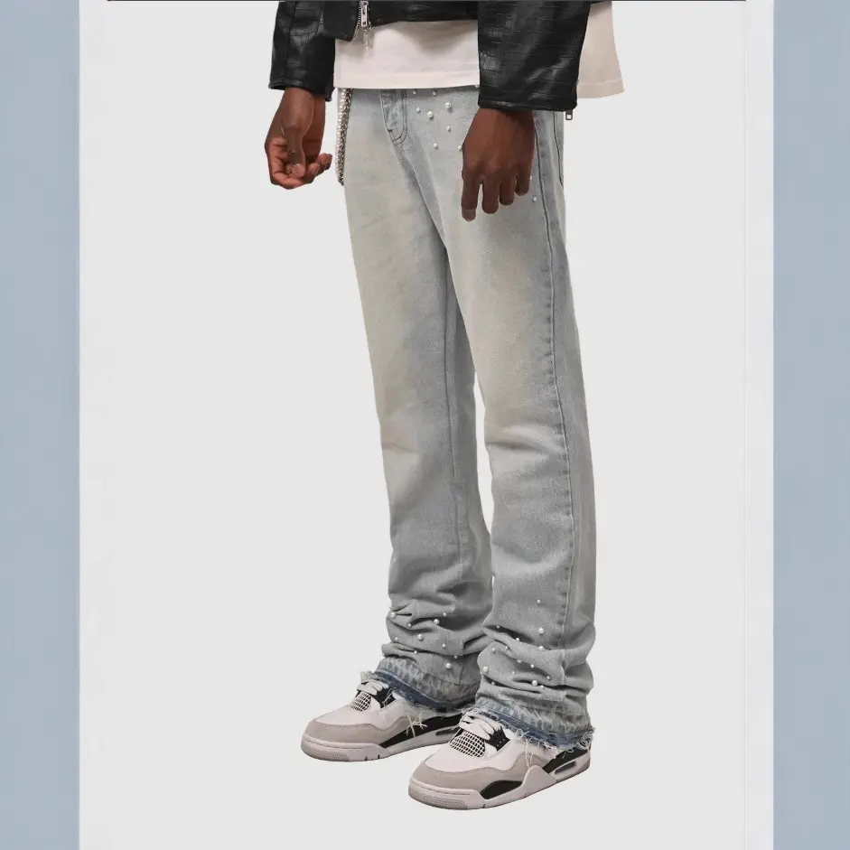Denim Pearl Straight Jeans Men Pant Distressed Vintage Ankle Length Trousers Mid Waist Pockets Punk Zipper Fly Streetwear Washed