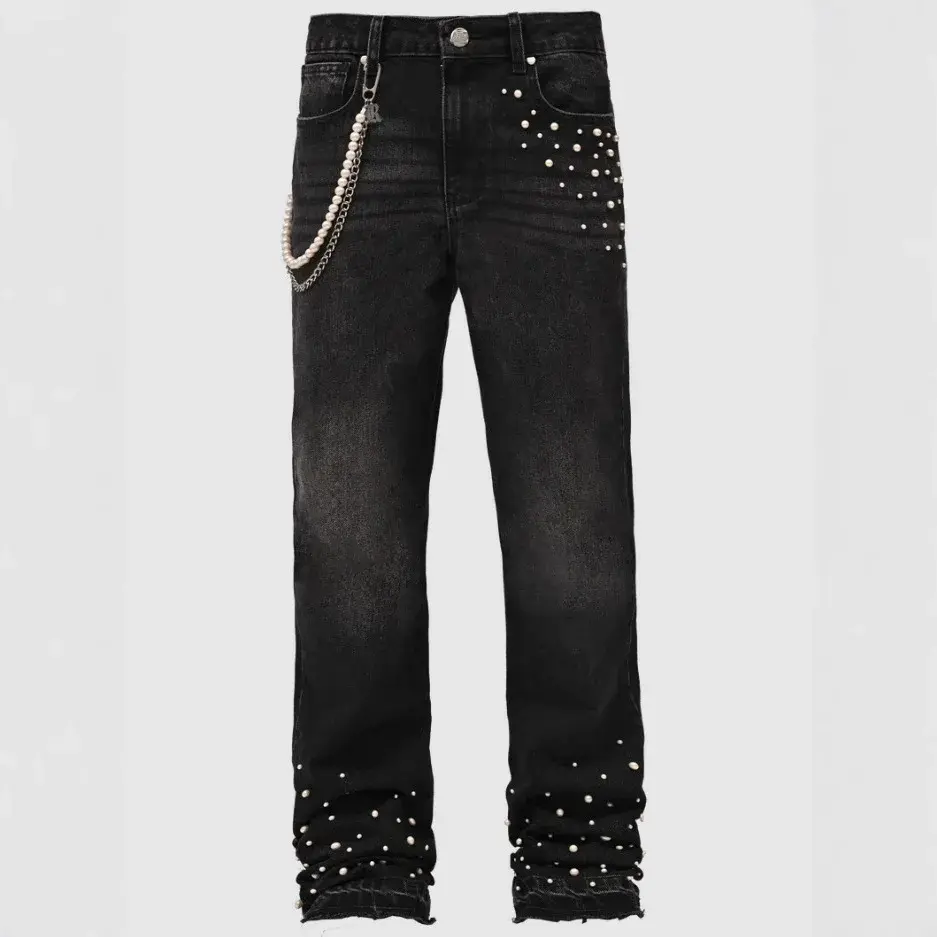 Denim Pearl Straight Jeans Men Pant Distressed Vintage Ankle Length Trousers Mid Waist Pockets Punk Zipper Fly Streetwear Washed