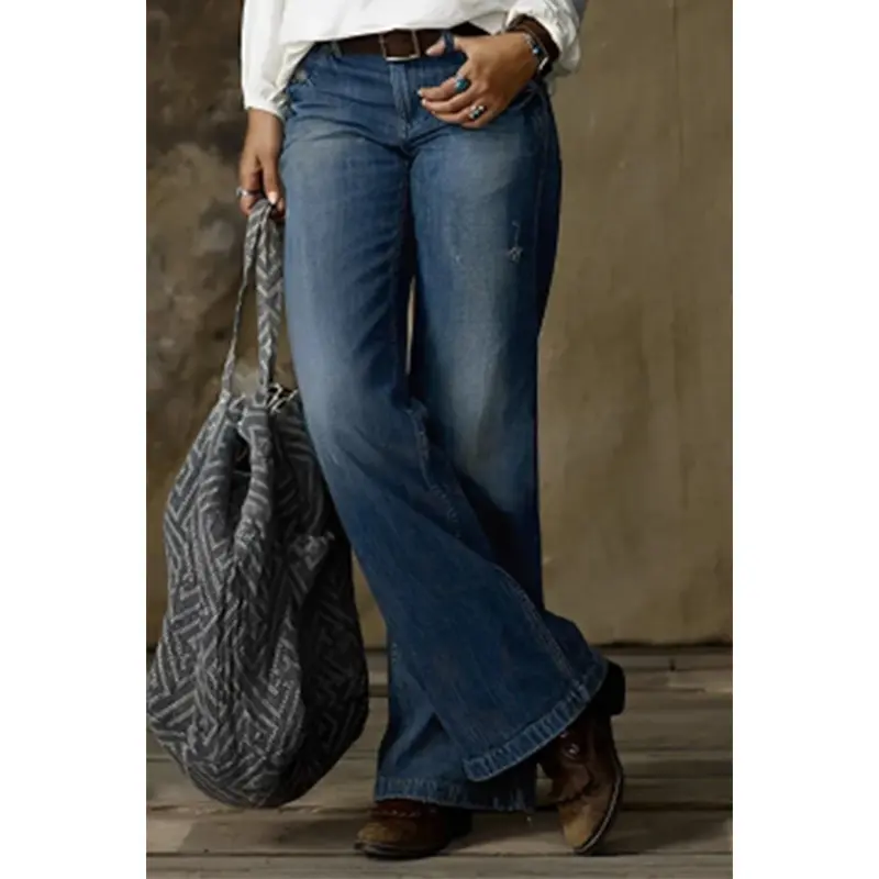 Women Jeans Wide Leg Pants Ankle Length Washing Denim Distressed Pockets High Waist Casual Loose Solid Spliced Summer 2024