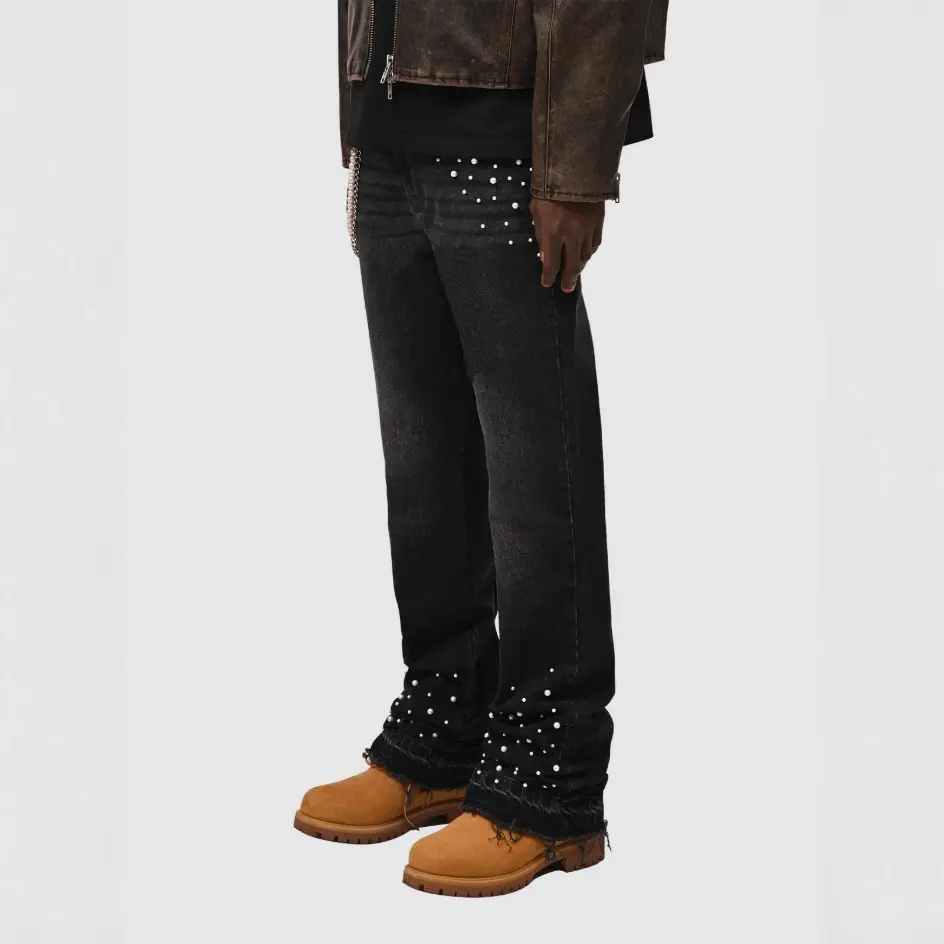 Denim Pearl Straight Jeans Men Pant Distressed Vintage Ankle Length Trousers Mid Waist Pockets Punk Zipper Fly Streetwear Washed