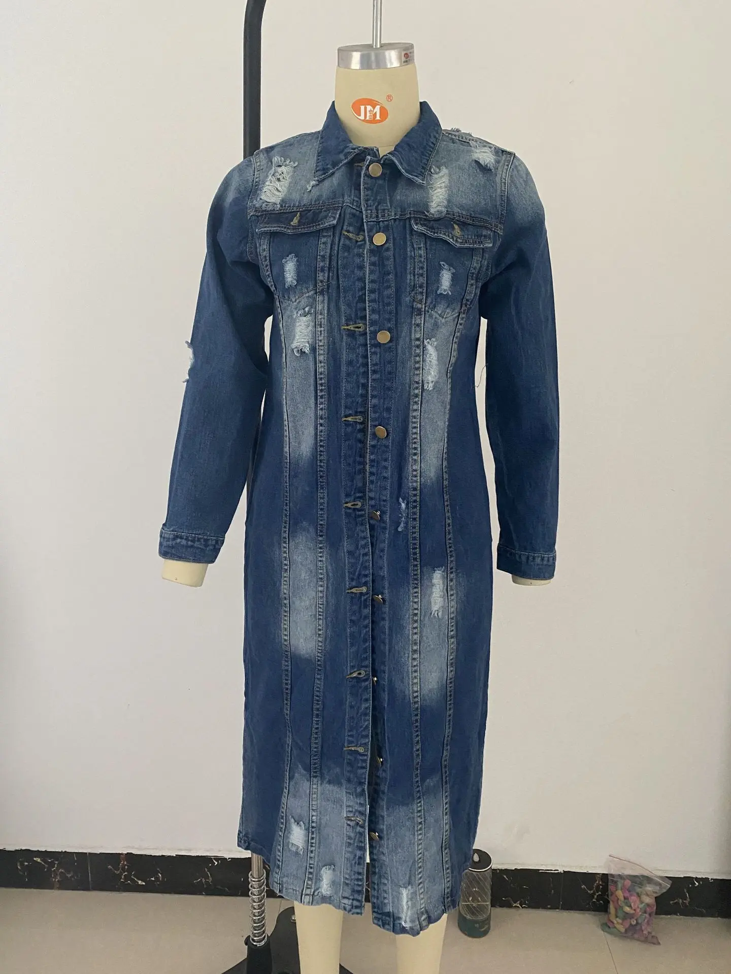 Ripped Raw Hem Button Front Longline Denim Coat Women Cardigan Breasted Holes Jackets Pockets High Street Outerwear Autumn