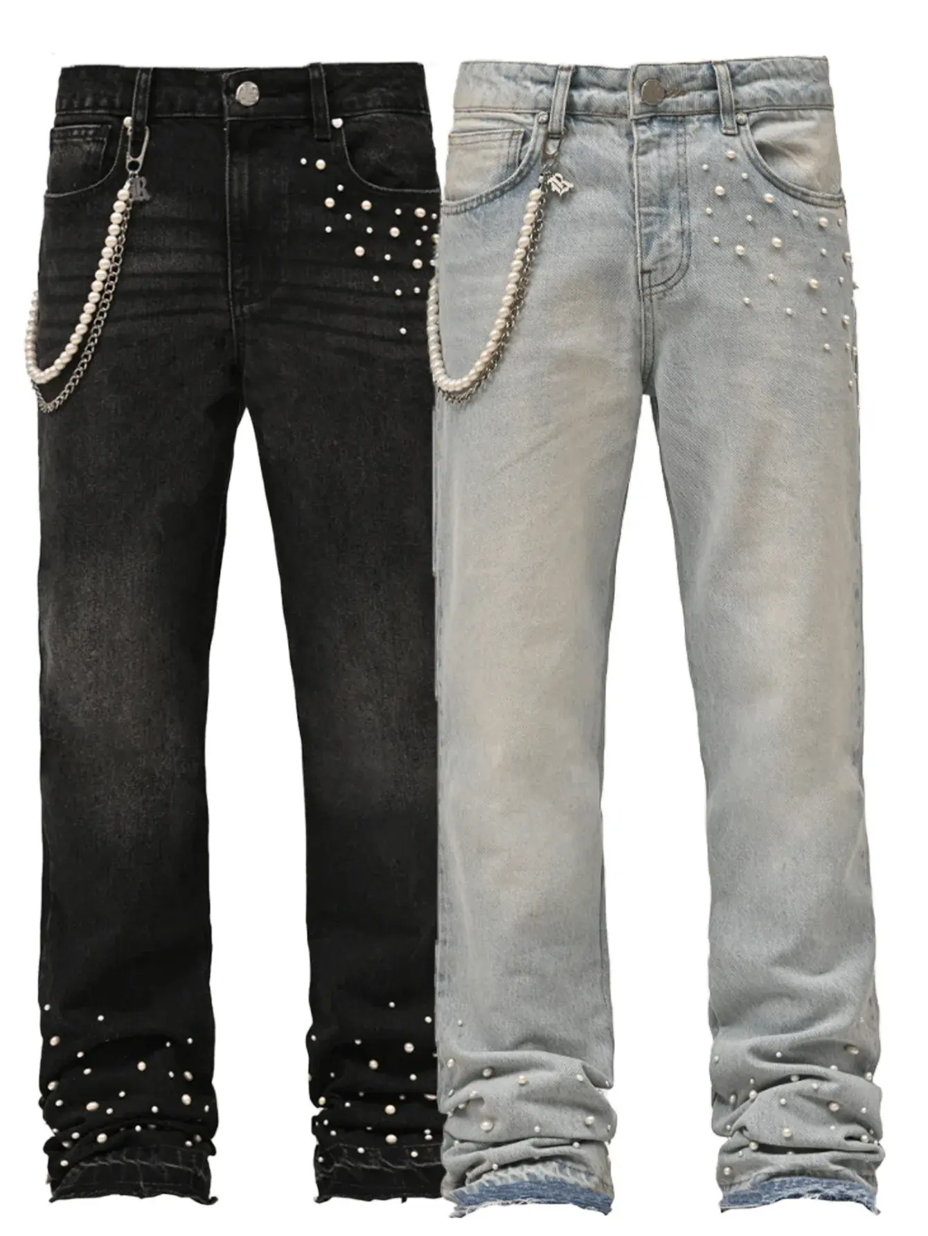 Denim Pearl Straight Jeans Men Pant Distressed Vintage Ankle Length Trousers Mid Waist Pockets Punk Zipper Fly Streetwear Washed