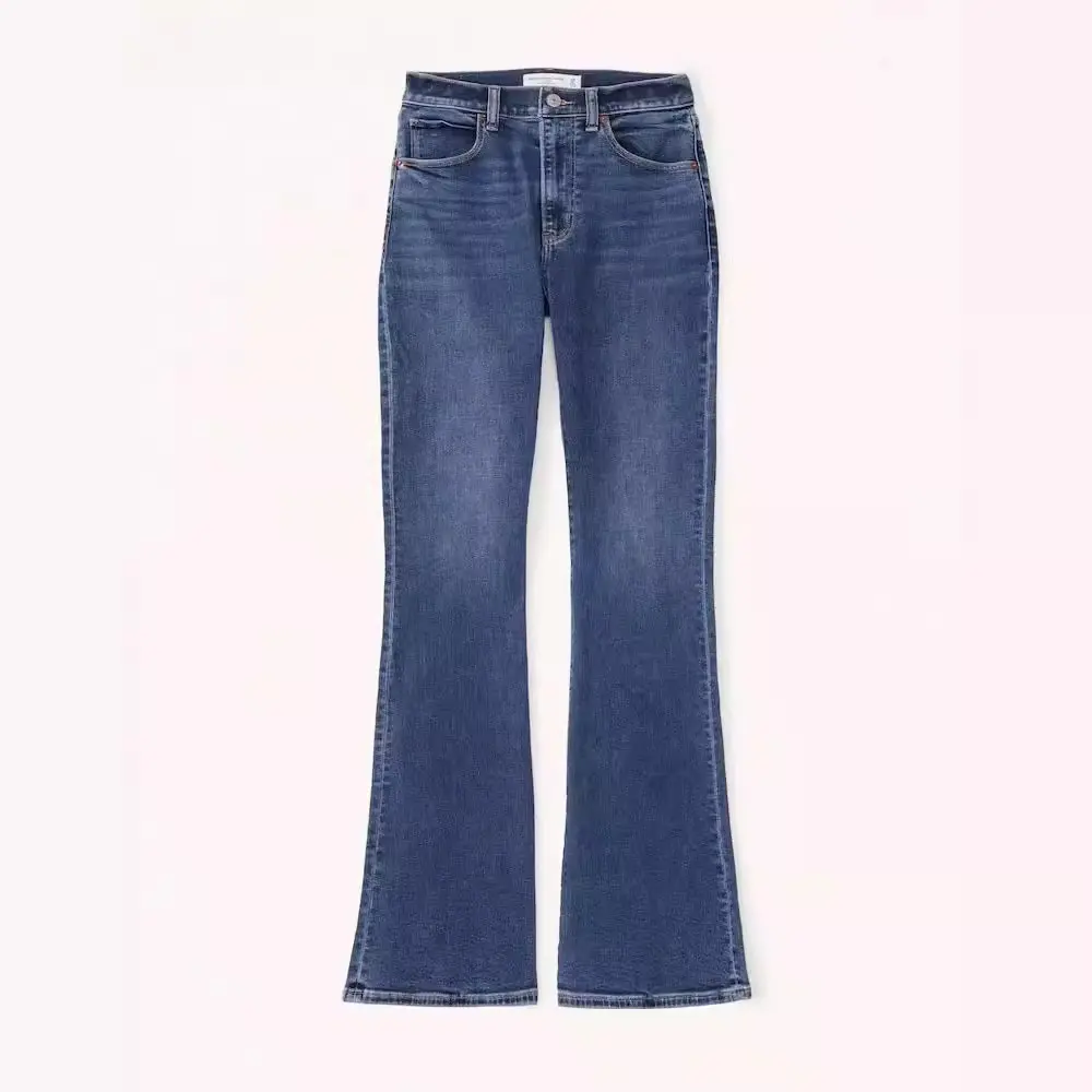 Women Jeans Flare Pants Denim Washing Loose Fit Bootcut Pockets High Street Slight Strech Solid Full Length Spring 2024