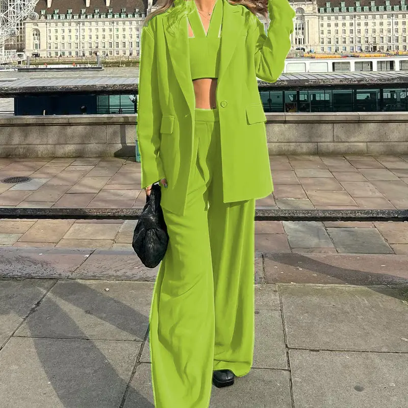 Women Tracksuit Three Pieces Set Turn Down Collar Cardigan Single Button Solid Outerwear Pockets Wide Leg Pants Office Lady