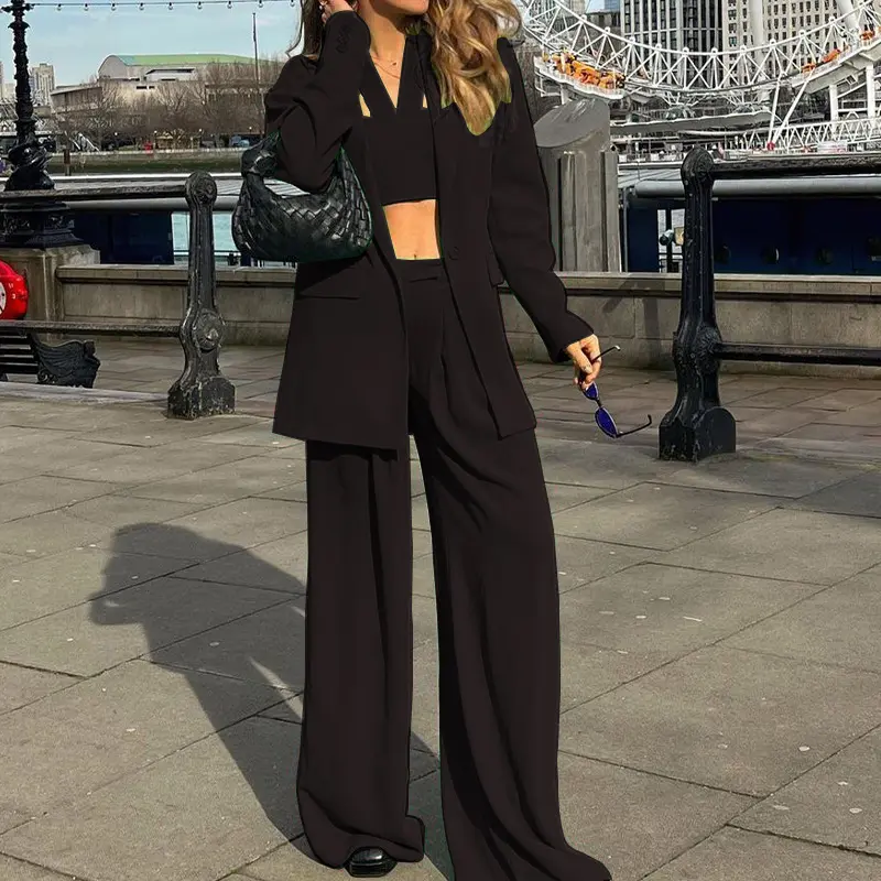Women Tracksuit Three Pieces Set Turn Down Collar Cardigan Single Button Solid Outerwear Pockets Wide Leg Pants Office Lady