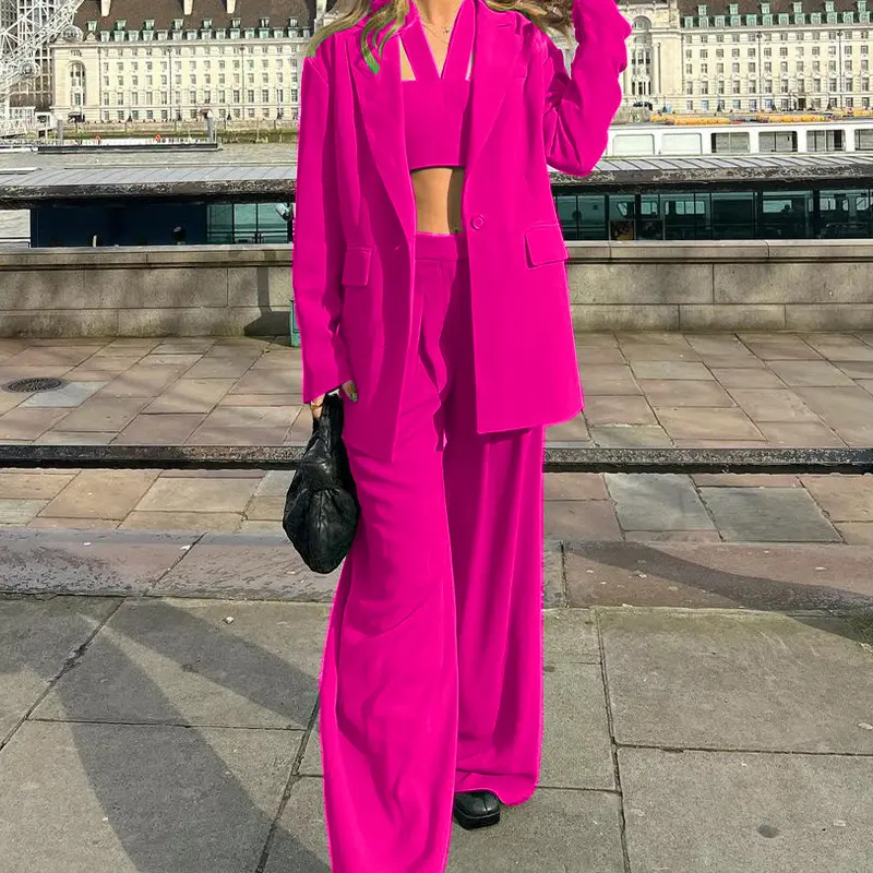 Women Tracksuit Three Pieces Set Turn Down Collar Cardigan Single Button Solid Outerwear Pockets Wide Leg Pants Office Lady