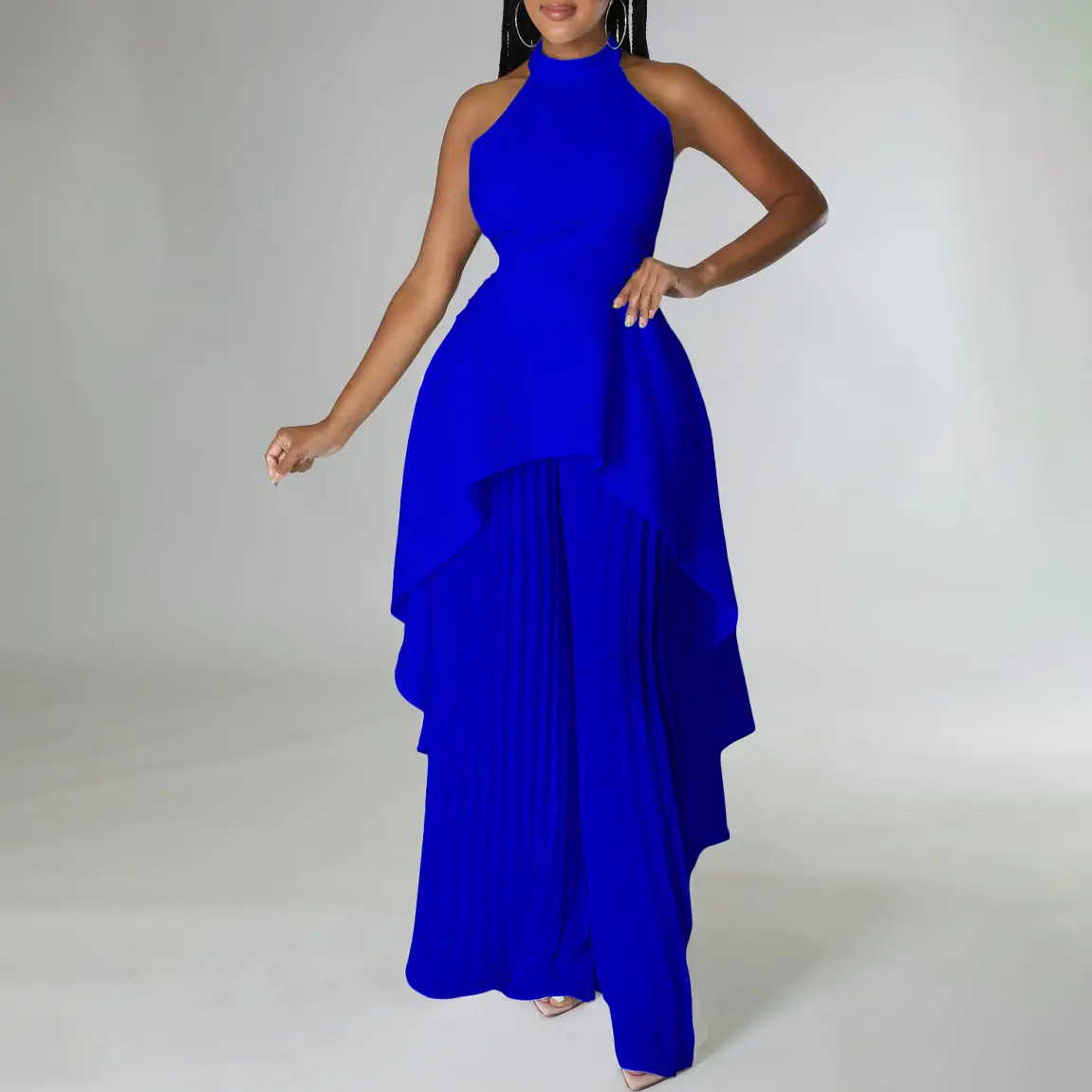 Elegant Tow Piece Set Women Outfit 2023 Backless Top Hundred Pleated Wide Leg Pants Trousers Suit Summer Office Lady Suit
