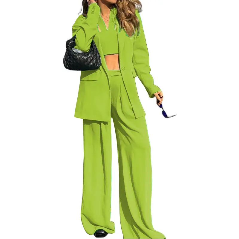 Women Tracksuit Three Pieces Set Turn Down Collar Cardigan Single Button Solid Outerwear Pockets Wide Leg Pants Office Lady