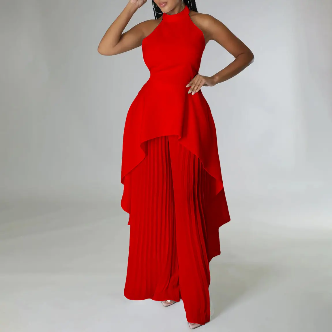 Elegant Tow Piece Set Women Outfit 2023 Backless Top Hundred Pleated Wide Leg Pants Trousers Suit Summer Office Lady Suit
