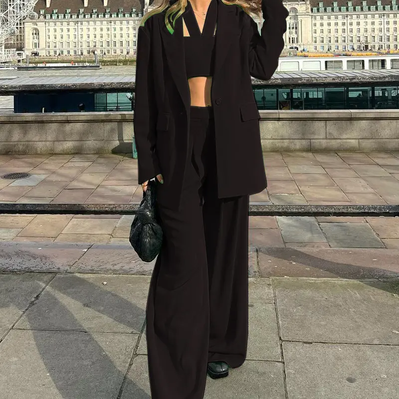 Women Tracksuit Three Pieces Set Turn Down Collar Cardigan Single Button Solid Outerwear Pockets Wide Leg Pants Office Lady