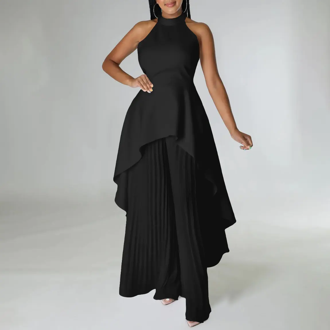 Elegant Tow Piece Set Women Outfit 2023 Backless Top Hundred Pleated Wide Leg Pants Trousers Suit Summer Office Lady Suit