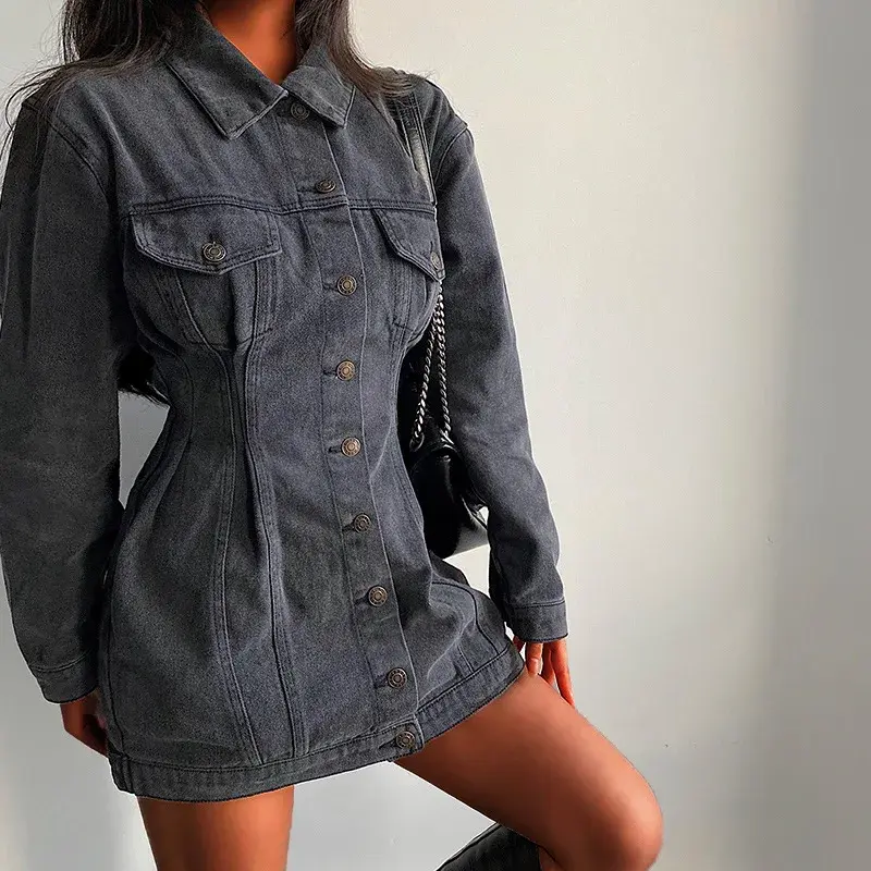 Woman Retro Elastic Slim Denim Dress 2025 Autumn Solid Color Sleeve Button One Piece Dresses Office Lady Elegant Vestidos