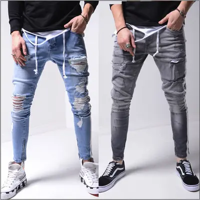 Men Jeans Denim Pencil Pants High Waist Solid Color Washing Slim Fit Pockets Slight Strech Ankle Length Pant Casual 2024