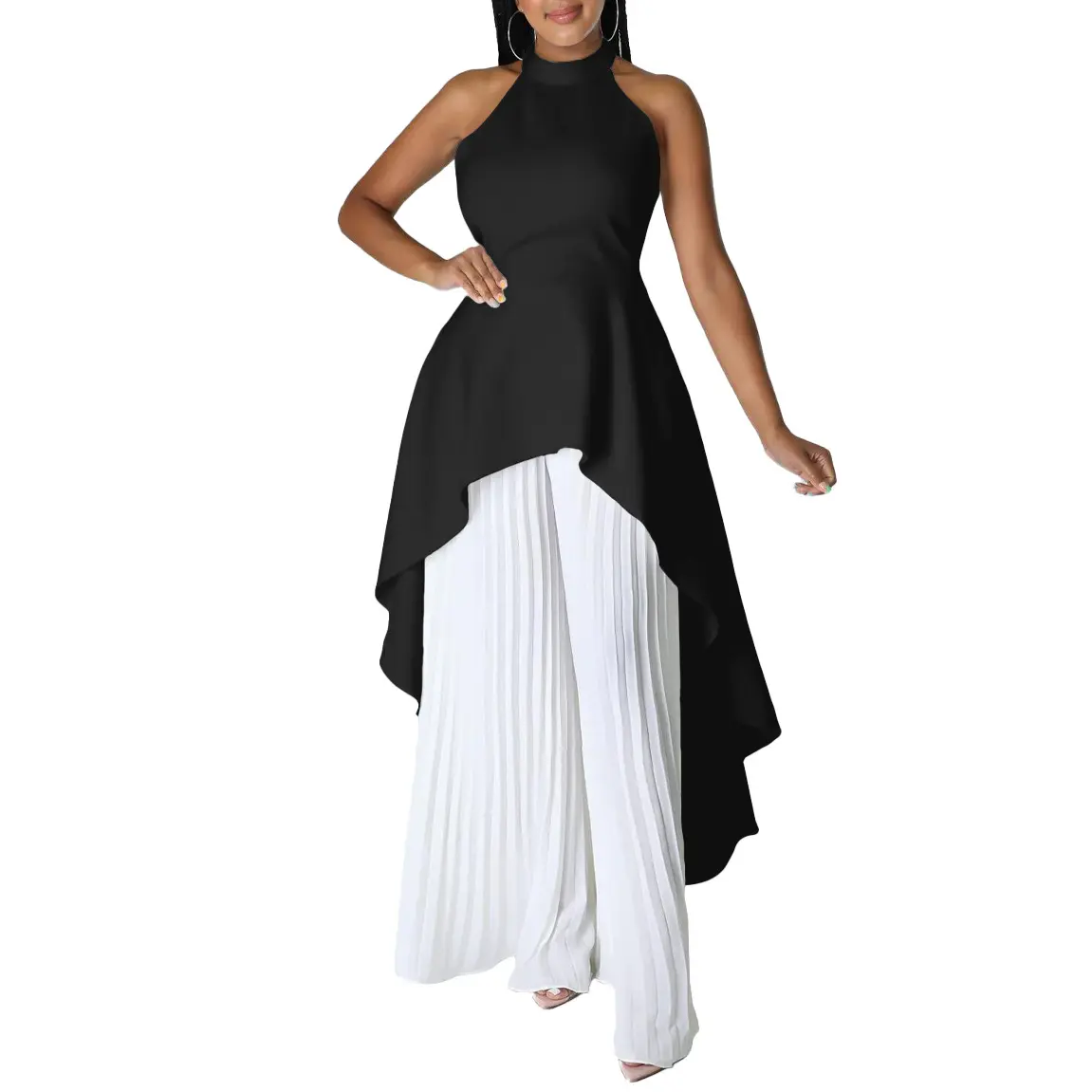 Elegant Tow Piece Set Women Outfit 2023 Backless Top Hundred Pleated Wide Leg Pants Trousers Suit Summer Office Lady Suit
