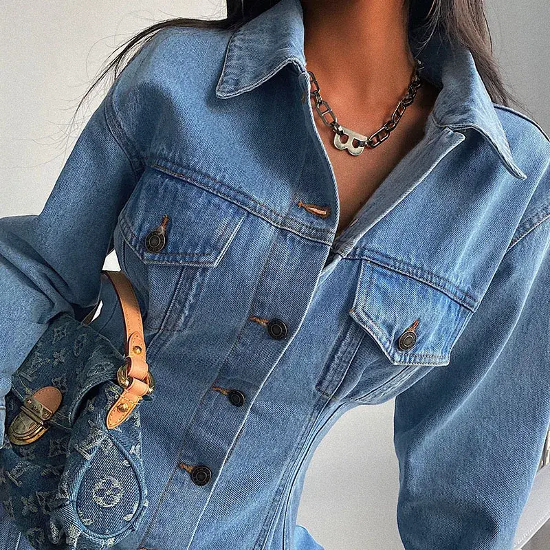 Woman Retro Elastic Slim Denim Dress 2025 Autumn Solid Color Sleeve Button One Piece Dresses Office Lady Elegant Vestidos