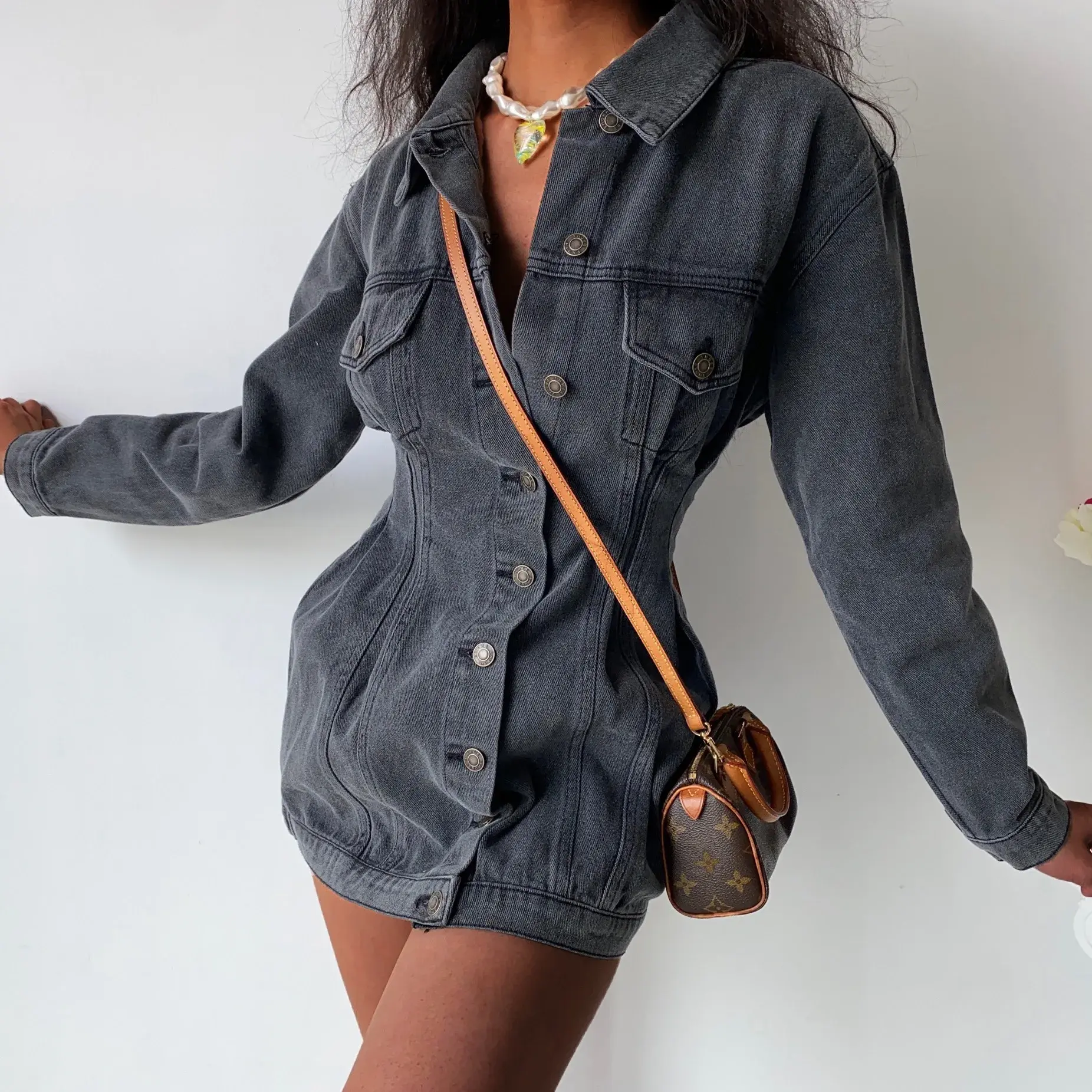 Woman Retro Elastic Slim Denim Dress 2025 Autumn Solid Color Sleeve Button One Piece Dresses Office Lady Elegant Vestidos