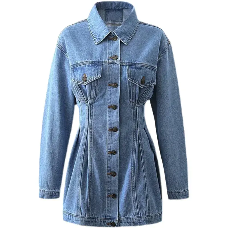 Woman Retro Elastic Slim Denim Dress 2025 Autumn Solid Color Sleeve Button One Piece Dresses Office Lady Elegant Vestidos