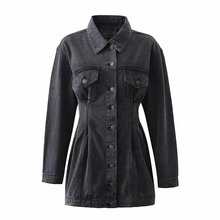 Woman Retro Elastic Slim Denim Dress 2025 Autumn Solid Color Sleeve Button One Piece Dresses Office Lady Elegant Vestidos