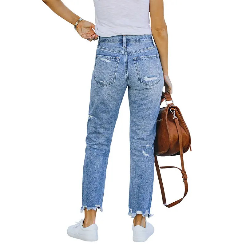 Women Holes Mom Jeans Casual High Waist Trousers Button Zipper Straight Pants Denim Y2k Streetwear Skinny 2025 Summer Pants