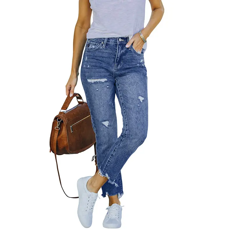 Women Holes Mom Jeans Casual High Waist Trousers Button Zipper Straight Pants Denim Y2k Streetwear Skinny 2025 Summer Pants