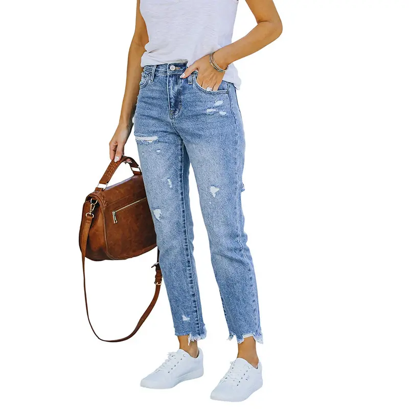 Women Holes Mom Jeans Casual High Waist Trousers Button Zipper Straight Pants Denim Y2k Streetwear Skinny 2025 Summer Pants